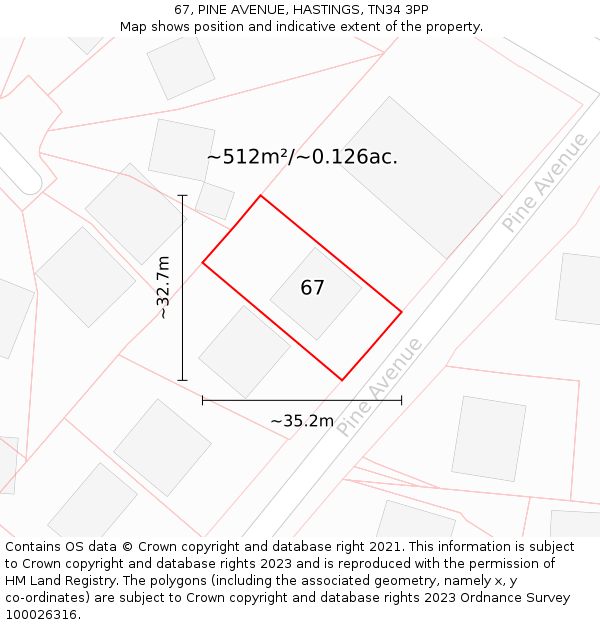 67, PINE AVENUE, HASTINGS, TN34 3PP: Plot and title map