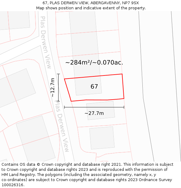 67, PLAS DERWEN VIEW, ABERGAVENNY, NP7 9SX: Plot and title map