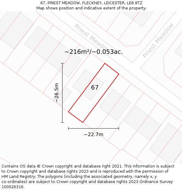 67, PRIEST MEADOW, FLECKNEY, LEICESTER, LE8 8TZ: Plot and title map