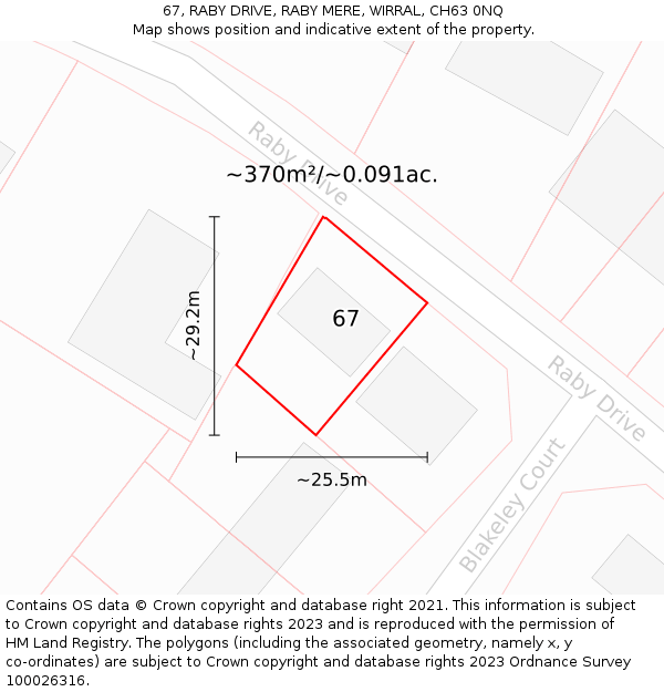 67, RABY DRIVE, RABY MERE, WIRRAL, CH63 0NQ: Plot and title map