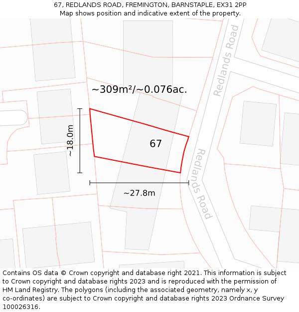 67, REDLANDS ROAD, FREMINGTON, BARNSTAPLE, EX31 2PP: Plot and title map