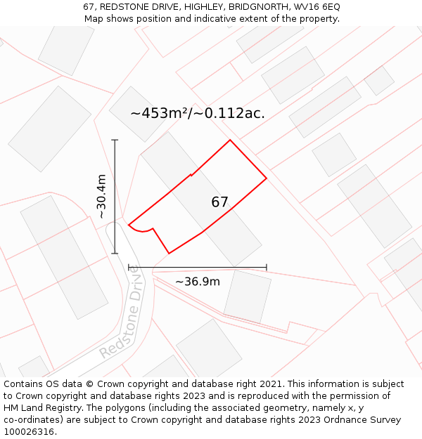 67, REDSTONE DRIVE, HIGHLEY, BRIDGNORTH, WV16 6EQ: Plot and title map