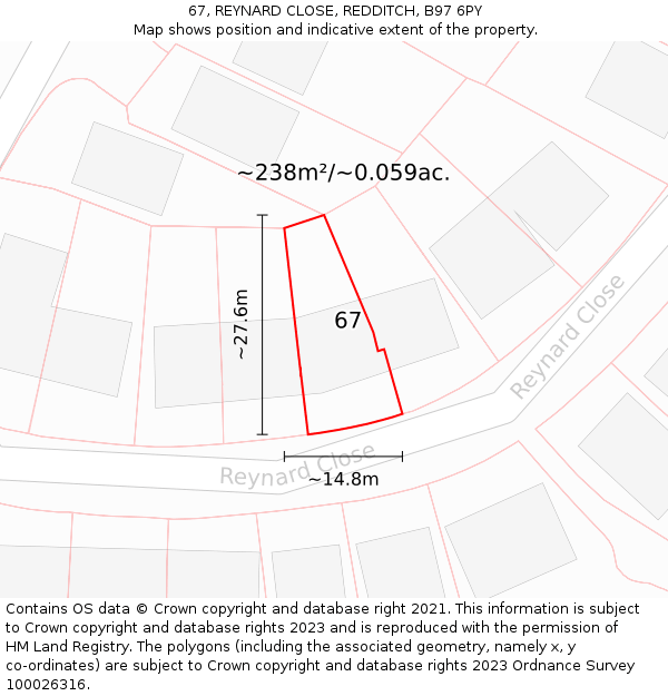 67, REYNARD CLOSE, REDDITCH, B97 6PY: Plot and title map