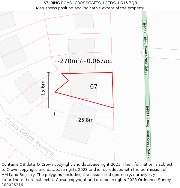 67, RING ROAD, CROSSGATES, LEEDS, LS15 7QB: Plot and title map
