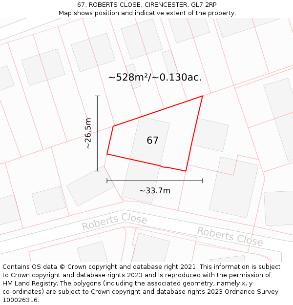 67, ROBERTS CLOSE, CIRENCESTER, GL7 2RP: Plot and title map