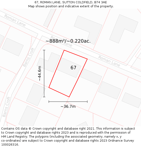 67, ROMAN LANE, SUTTON COLDFIELD, B74 3AE: Plot and title map
