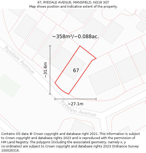 67, RYEDALE AVENUE, MANSFIELD, NG18 3GT: Plot and title map
