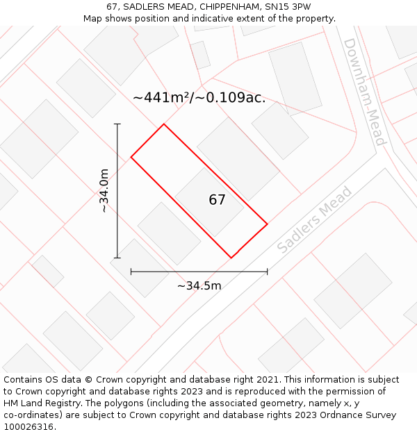 67, SADLERS MEAD, CHIPPENHAM, SN15 3PW: Plot and title map