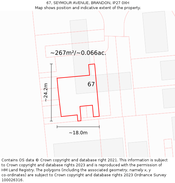 67, SEYMOUR AVENUE, BRANDON, IP27 0XH: Plot and title map