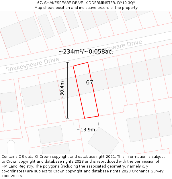 67, SHAKESPEARE DRIVE, KIDDERMINSTER, DY10 3QY: Plot and title map