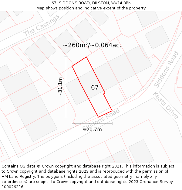 67, SIDDONS ROAD, BILSTON, WV14 8RN: Plot and title map