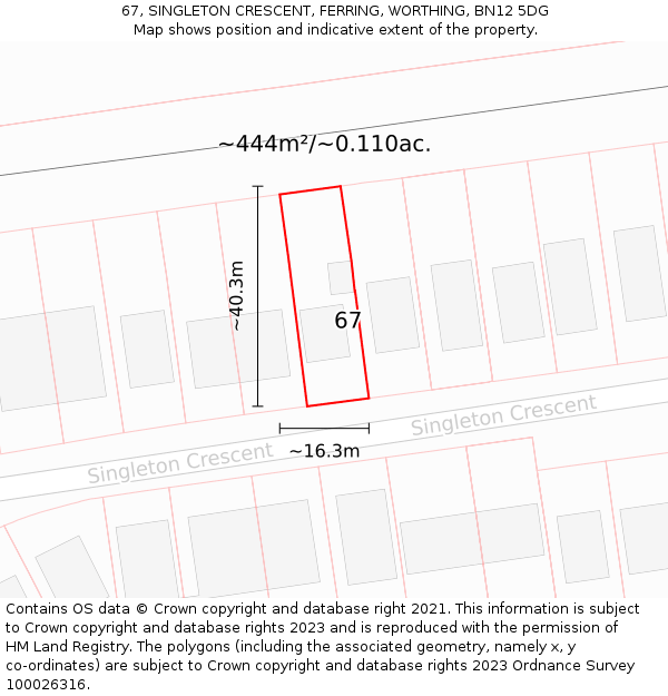 67, SINGLETON CRESCENT, FERRING, WORTHING, BN12 5DG: Plot and title map