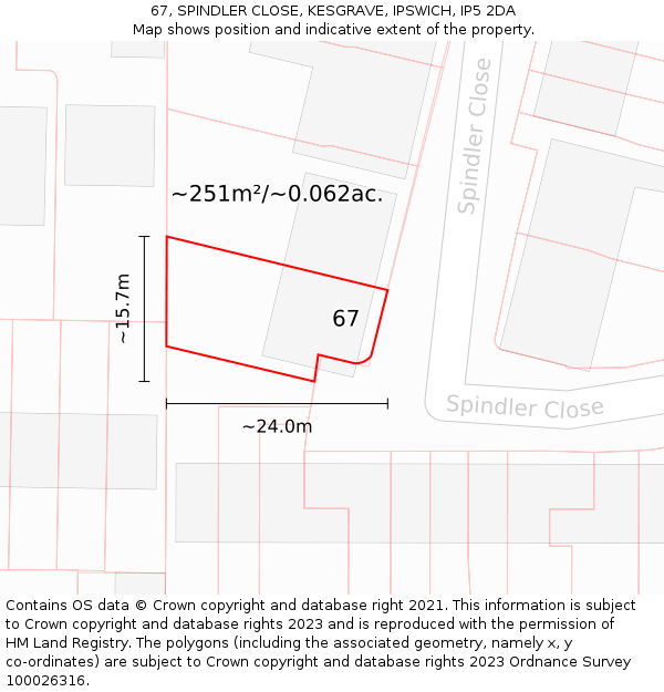 67, SPINDLER CLOSE, KESGRAVE, IPSWICH, IP5 2DA: Plot and title map