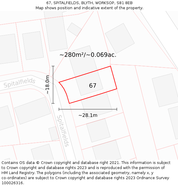 67, SPITALFIELDS, BLYTH, WORKSOP, S81 8EB: Plot and title map