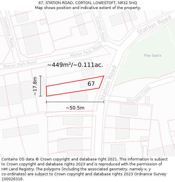 67, STATION ROAD, CORTON, LOWESTOFT, NR32 5HQ: Plot and title map