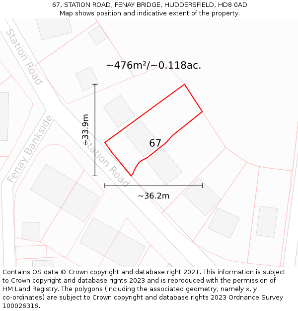 67, STATION ROAD, FENAY BRIDGE, HUDDERSFIELD, HD8 0AD: Plot and title map
