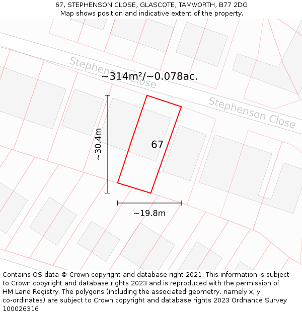67, STEPHENSON CLOSE, GLASCOTE, TAMWORTH, B77 2DG: Plot and title map