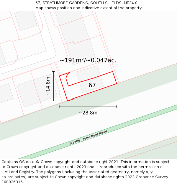 67, STRATHMORE GARDENS, SOUTH SHIELDS, NE34 0LH: Plot and title map