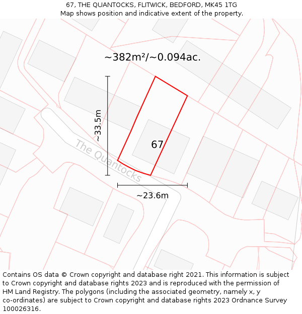 67, THE QUANTOCKS, FLITWICK, BEDFORD, MK45 1TG: Plot and title map