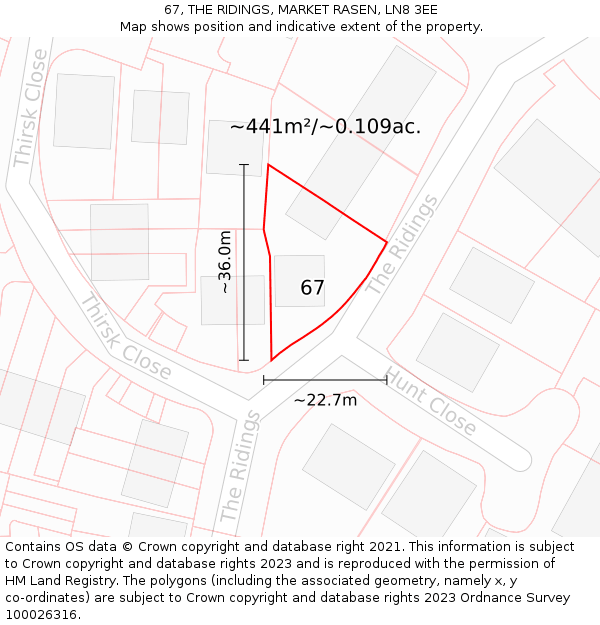 67, THE RIDINGS, MARKET RASEN, LN8 3EE: Plot and title map