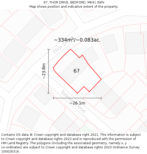 67, THOR DRIVE, BEDFORD, MK41 0WN: Plot and title map