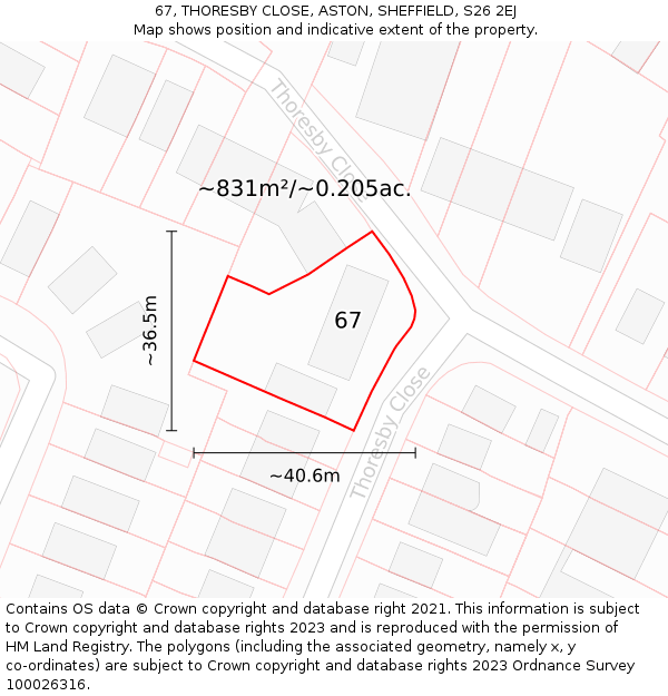 67, THORESBY CLOSE, ASTON, SHEFFIELD, S26 2EJ: Plot and title map