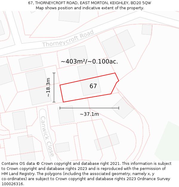 67, THORNEYCROFT ROAD, EAST MORTON, KEIGHLEY, BD20 5QW: Plot and title map