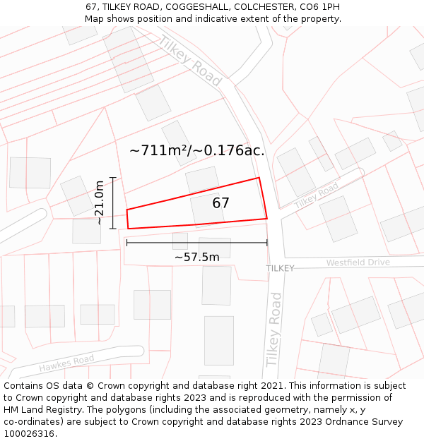 67, TILKEY ROAD, COGGESHALL, COLCHESTER, CO6 1PH: Plot and title map