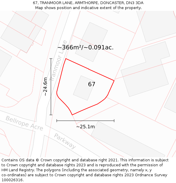 67, TRANMOOR LANE, ARMTHORPE, DONCASTER, DN3 3DA: Plot and title map