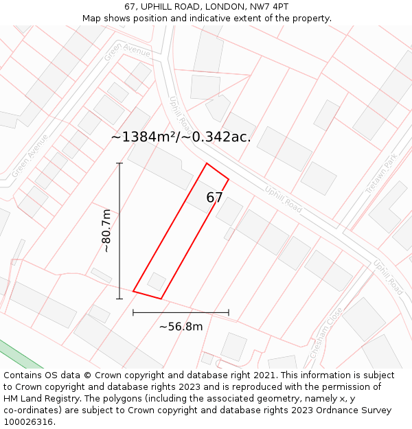 67, UPHILL ROAD, LONDON, NW7 4PT: Plot and title map