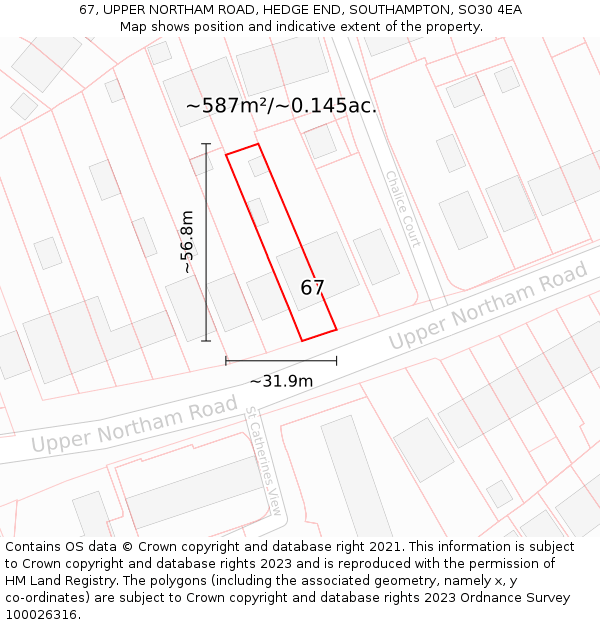 67, UPPER NORTHAM ROAD, HEDGE END, SOUTHAMPTON, SO30 4EA: Plot and title map