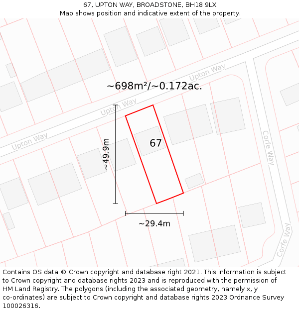 67, UPTON WAY, BROADSTONE, BH18 9LX: Plot and title map