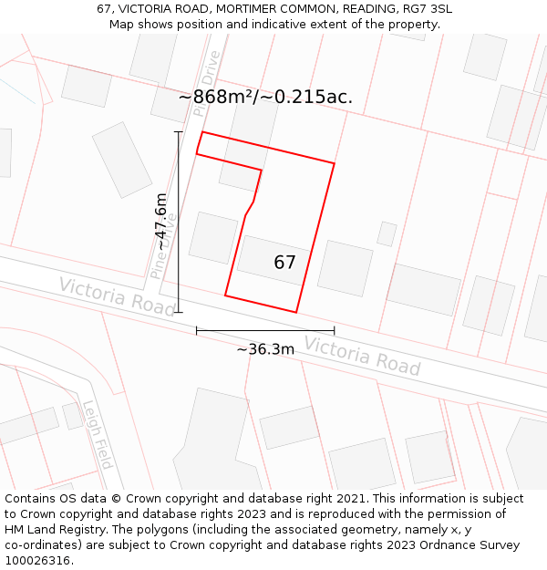 67, VICTORIA ROAD, MORTIMER COMMON, READING, RG7 3SL: Plot and title map
