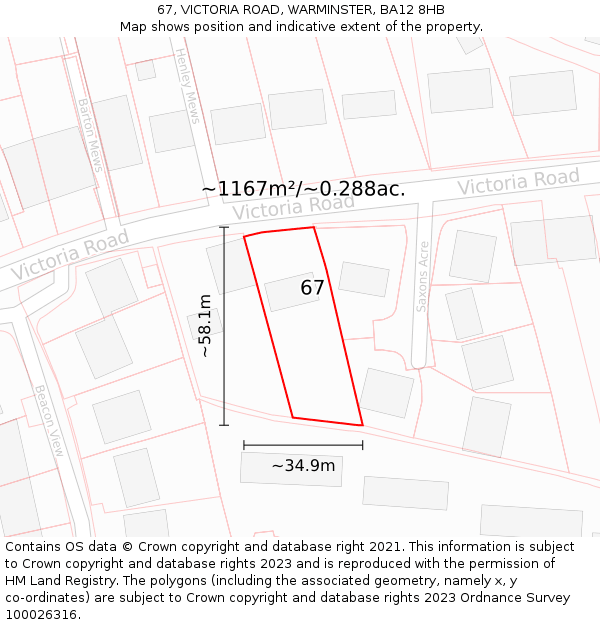67, VICTORIA ROAD, WARMINSTER, BA12 8HB: Plot and title map