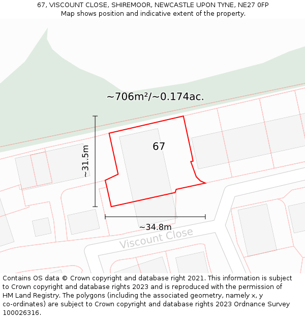 67, VISCOUNT CLOSE, SHIREMOOR, NEWCASTLE UPON TYNE, NE27 0FP: Plot and title map