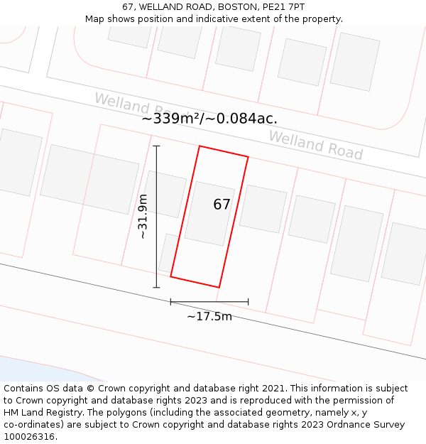 67, WELLAND ROAD, BOSTON, PE21 7PT: Plot and title map