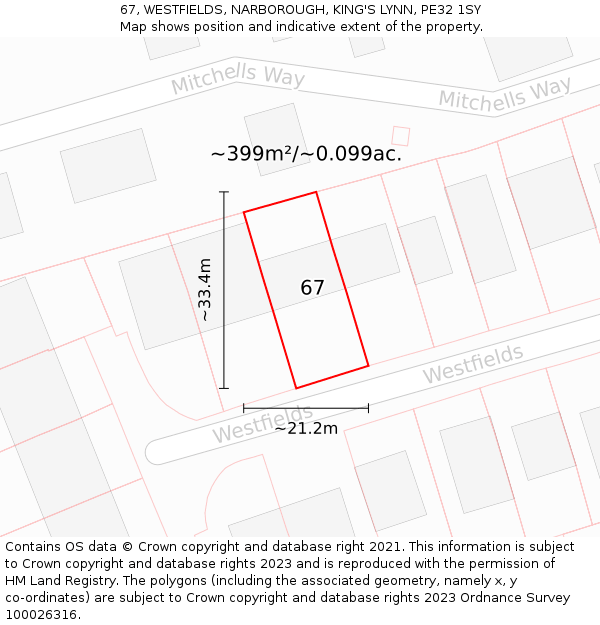 67, WESTFIELDS, NARBOROUGH, KING'S LYNN, PE32 1SY: Plot and title map