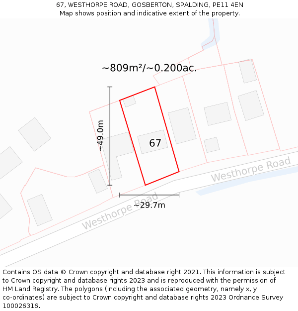 67, WESTHORPE ROAD, GOSBERTON, SPALDING, PE11 4EN: Plot and title map