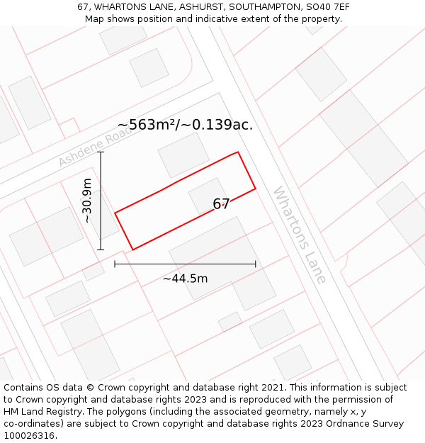 67, WHARTONS LANE, ASHURST, SOUTHAMPTON, SO40 7EF: Plot and title map