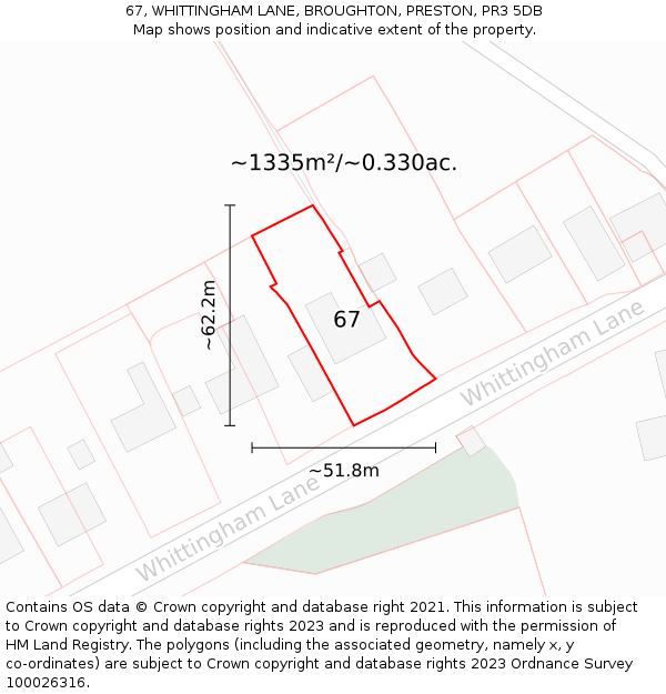 67, WHITTINGHAM LANE, BROUGHTON, PRESTON, PR3 5DB: Plot and title map