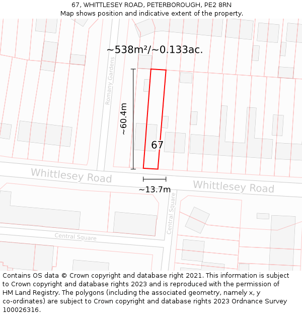 67, WHITTLESEY ROAD, PETERBOROUGH, PE2 8RN: Plot and title map