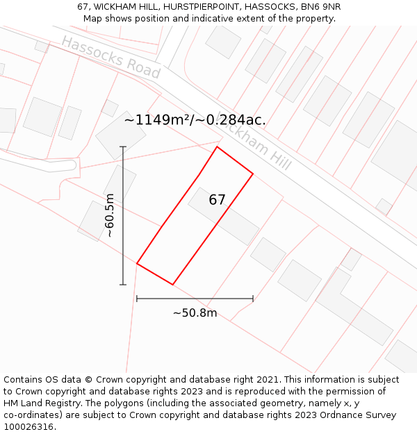 67, WICKHAM HILL, HURSTPIERPOINT, HASSOCKS, BN6 9NR: Plot and title map