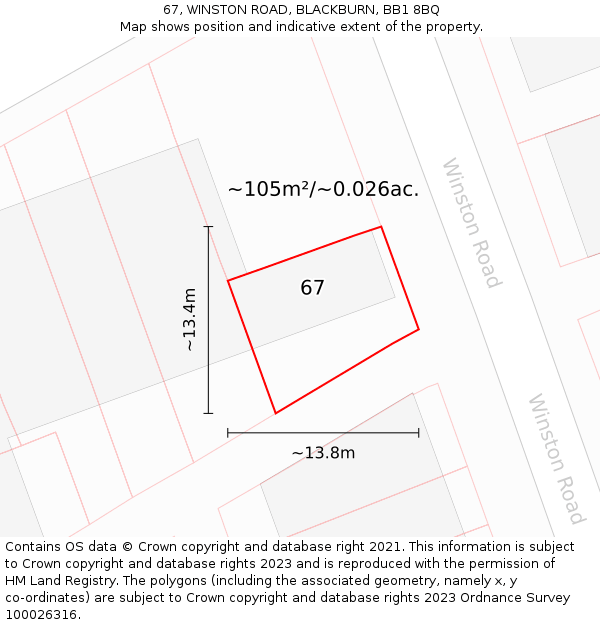 67, WINSTON ROAD, BLACKBURN, BB1 8BQ: Plot and title map