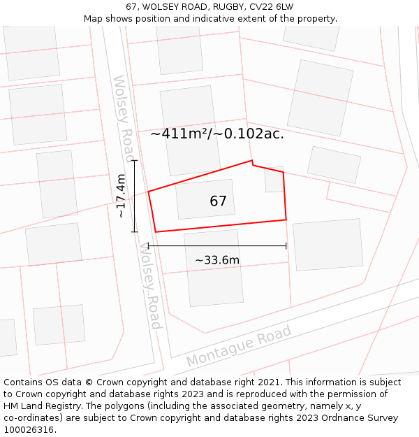 67, WOLSEY ROAD, RUGBY, CV22 6LW: Plot and title map