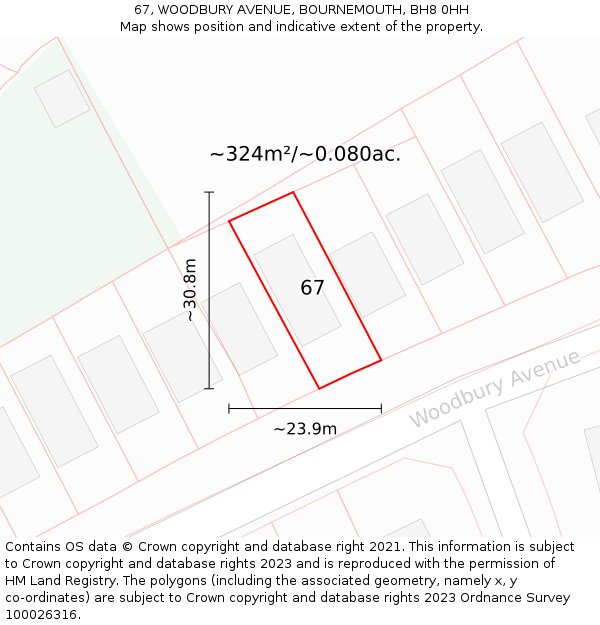 67, WOODBURY AVENUE, BOURNEMOUTH, BH8 0HH: Plot and title map