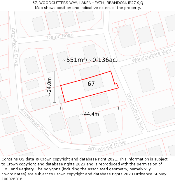 67, WOODCUTTERS WAY, LAKENHEATH, BRANDON, IP27 9JQ: Plot and title map