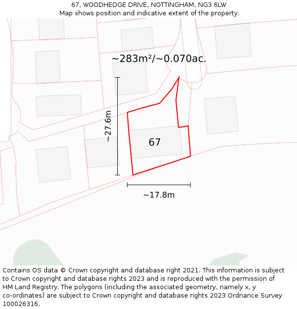 67, WOODHEDGE DRIVE, NOTTINGHAM, NG3 6LW: Plot and title map