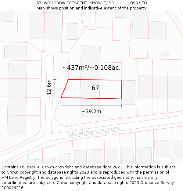 67, WOODROW CRESCENT, KNOWLE, SOLIHULL, B93 9EQ: Plot and title map