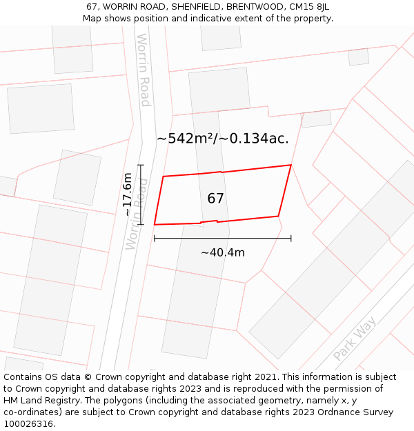 67, WORRIN ROAD, SHENFIELD, BRENTWOOD, CM15 8JL: Plot and title map