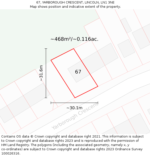 67, YARBOROUGH CRESCENT, LINCOLN, LN1 3NE: Plot and title map